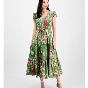 Anne Klein Women's Printed V-Neck Drawstring Maxi Dress